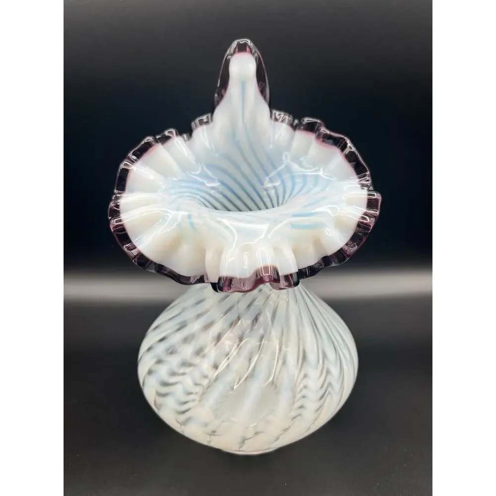Fenton White Spiral Optic Opalescent Amethyst Crest Jack In The Pulpit Vase 9”